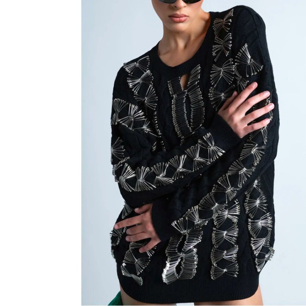 Callie Lives Akira Can't Pin Me Down Black Silver Safety Pin Cutout Sweater L/XL